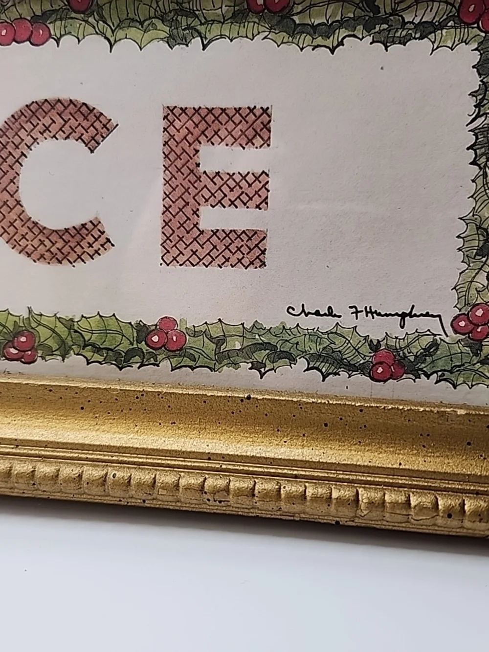 PEACE Holiday‎ Framed Sign - Gold Frame, Red & Green Accents